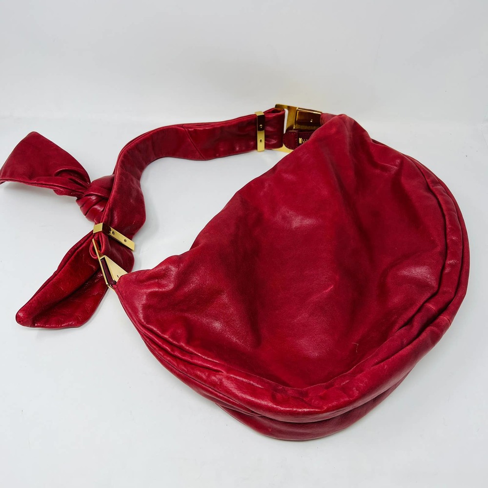Badgley Mischka Red Glazed Leather Hobo Shoulder Bag Red